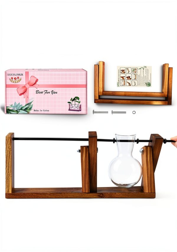 HUABEI Wooden Terrarium Stand Glass Vases Plant Display-2