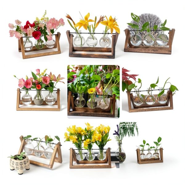 HUABEI Wooden Terrarium Stand Glass Vases Plant Display-4